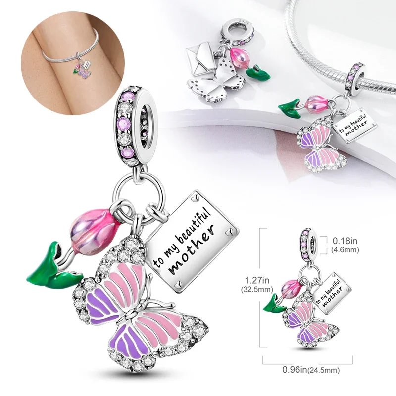 925 Silver Rose Pink Flower Shiny Zircon Charm Beads For Original Charms Original Bracelet for Women DIY fine Jewelry Gift