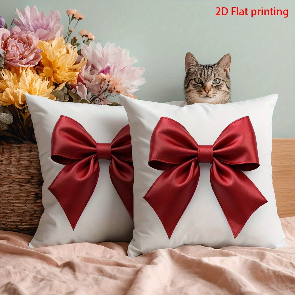 Red Satin Bow Pillow & Cushion Cover  Elegant 3D Illusion Print on White Background, Festive Decor for Living Room or Bedroom