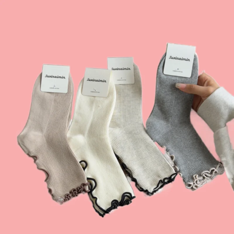 

3/6 Pairs Autumn And Winter Wood Ear Socks Women's Solid Color Middle Tube Socks Lace Versatile Cotton Socks Retro Pile Socks