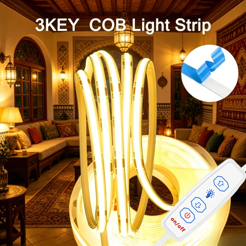 1 Roll of Led Light Strip with Three-Key Dimmer Switch, Low Voltage 5V, No Light Spots, Cob Flexible Led Strip, USB Powered, Simple Three-Key Switch, Adjustable Light Brightness, Suitable for Space Lighting, Cabinet, K