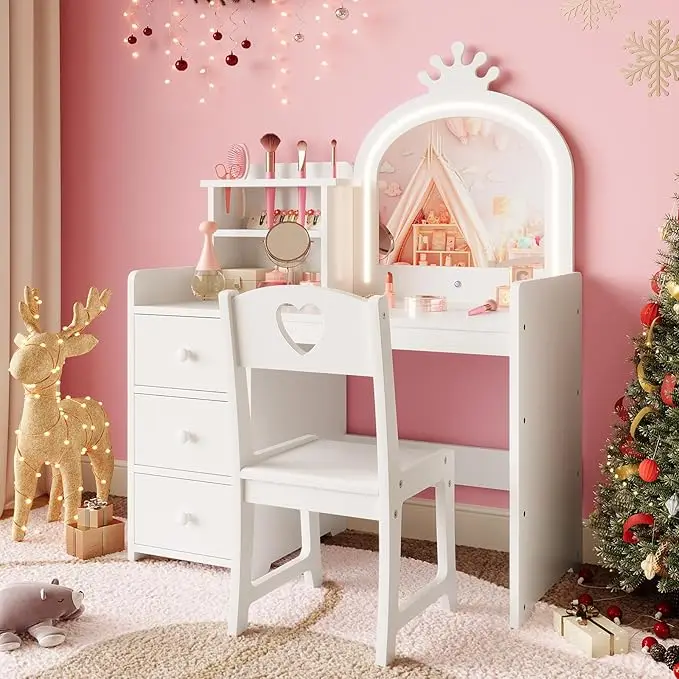 Coiffeuse pour enfants avec miroir et lumières, maquillage en bois blanc princesse, étagères de rangement et tiroirs, coiffeuse 2 en 1 pour filles