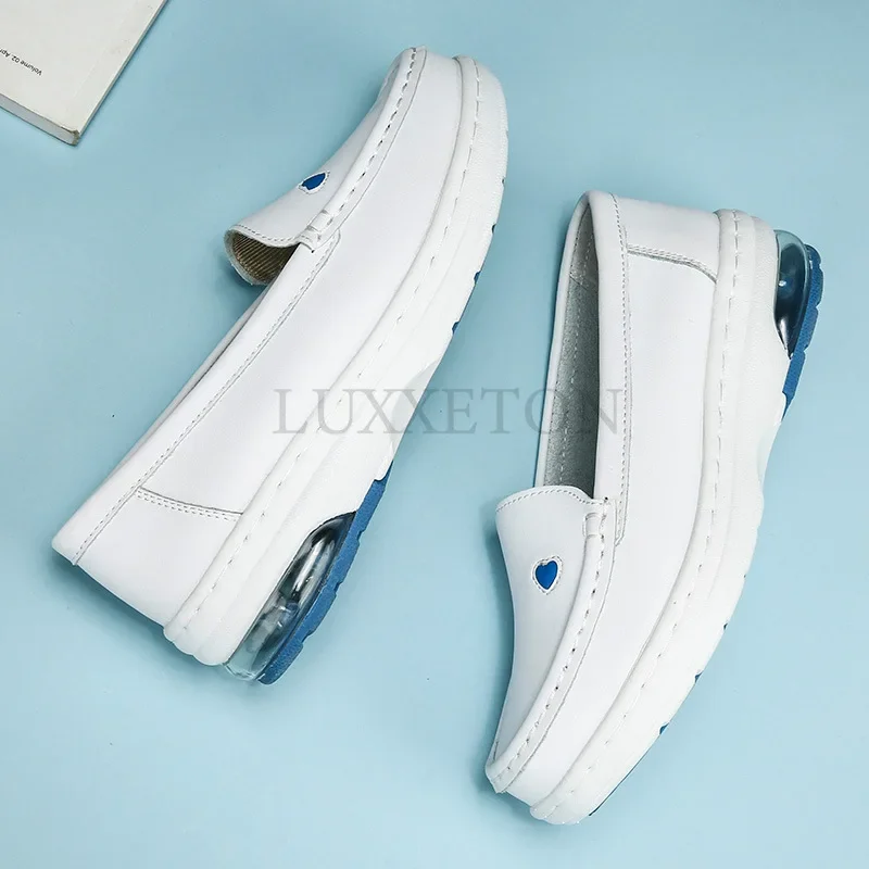 Genuine Leather Air Cushion Nurse Shoes Women Spring and Summer New Soft Bottom Breathable Flat Bottom White Medical Shoes