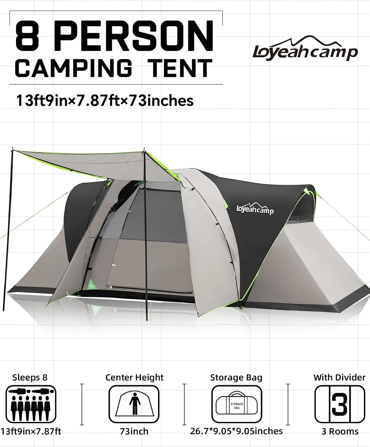 Eight Person Large Extended Dome Camping Tent Three Rooms