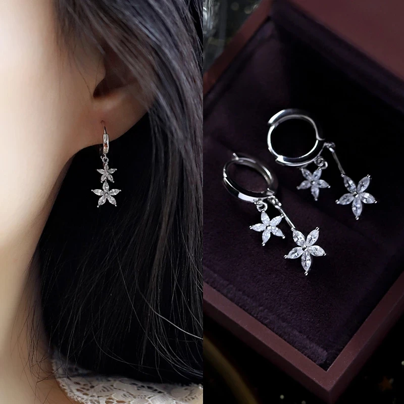 2022 New Earrings Korean Design Sweet Temperament Flower Pendant Earrings for Women Zirconia Ear Buckle Wedding Jewelry Gifts