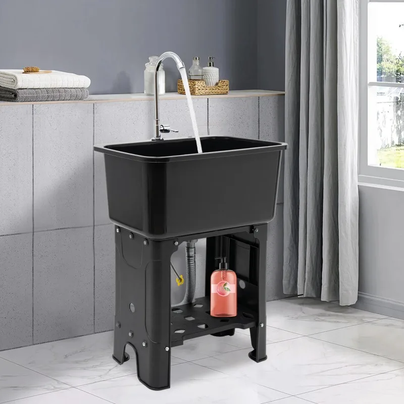 

Large Utility Sink Laundry Tub (22.05x12.6x10.24"), Black Color, Quick Drainage, Full Set with Faucet, Hose, and Drain Pipe Incl