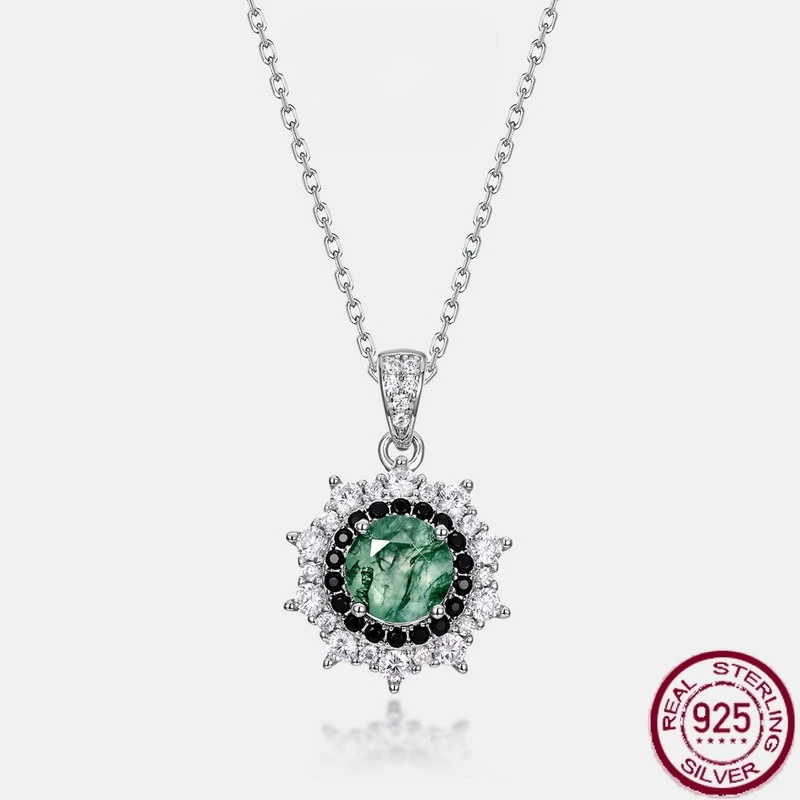 

New S925 Pure Silver Sunflower Water Grass Agate Set with Natural Green Moss Stone Sweater Chain Fashion Wedding Jewelry