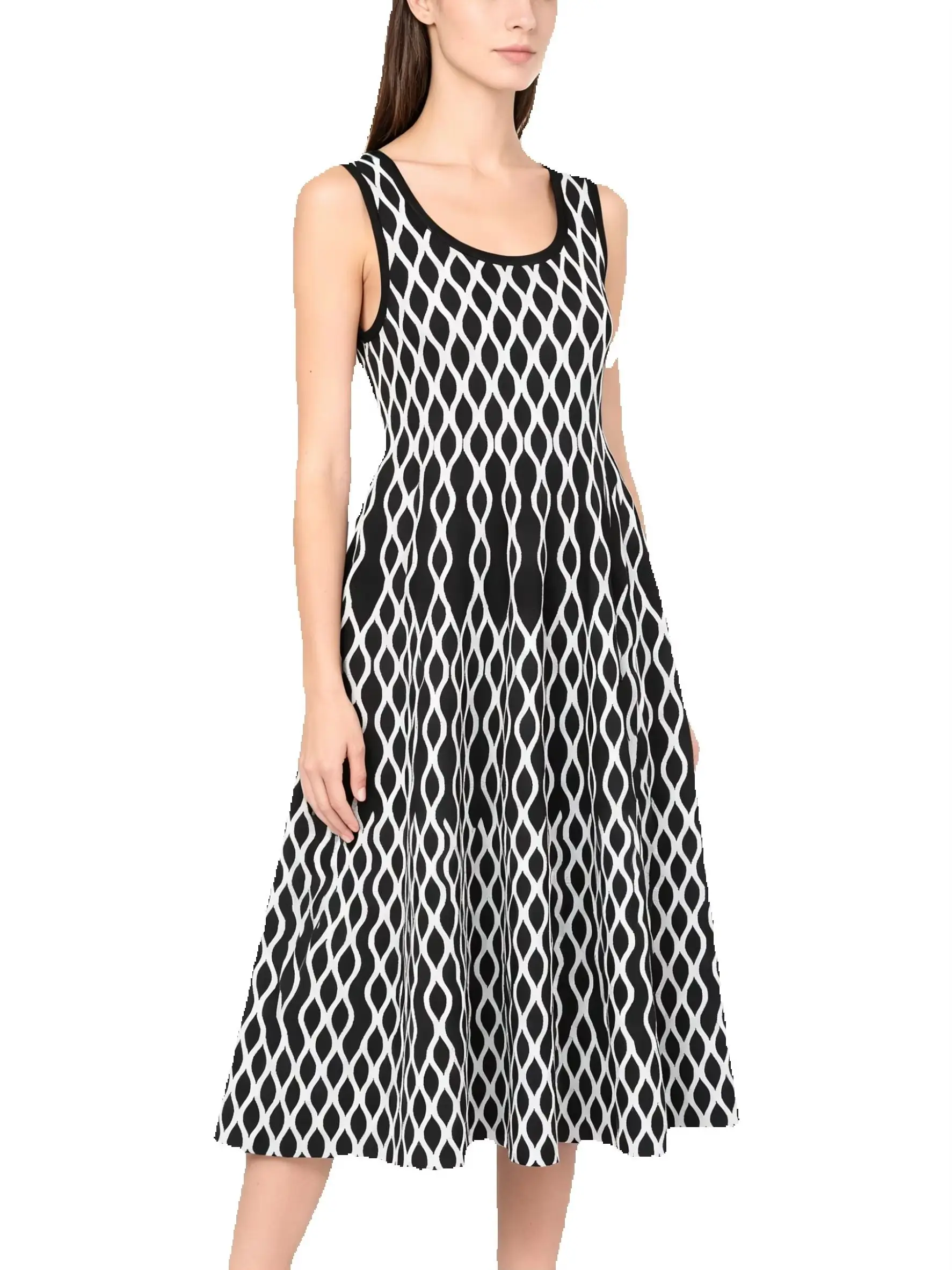 

26166 Summer High Quality Women Sleeveless Tank Dress Vertical Stripe Wave Pattern Slimming Daily Casual Ladies Outfit