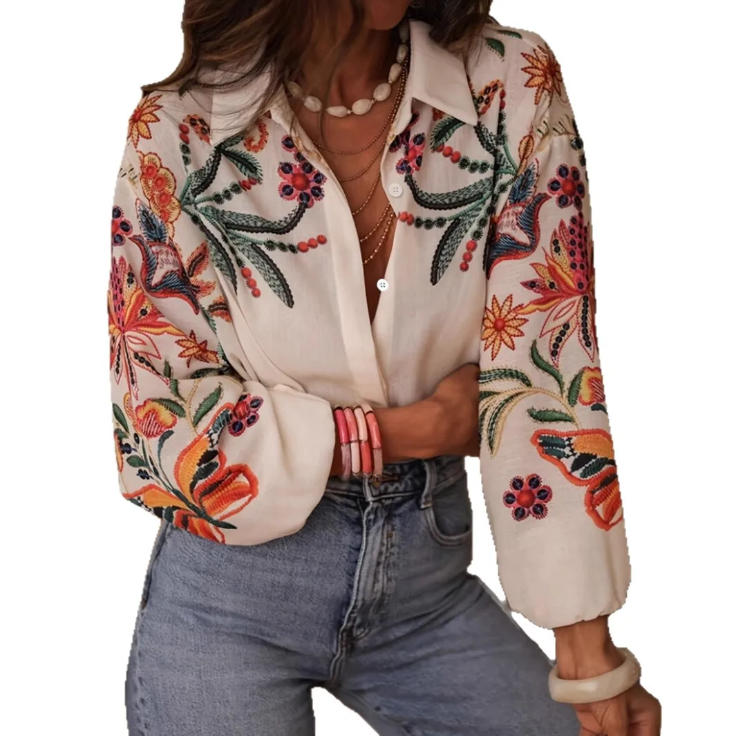 Kemeja Wanita Terbaru 2025 Bermotif Lengan Panjang Longgar Kancing Cardigan Atasan Trendi Fashion Kasual Blus untuk Wanita