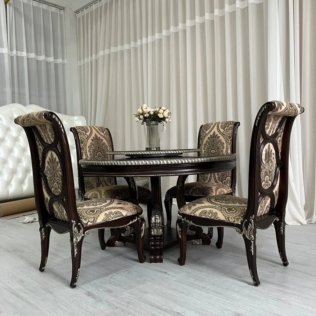 Furniture, manor American solid wood retro carved European turntable dining table
