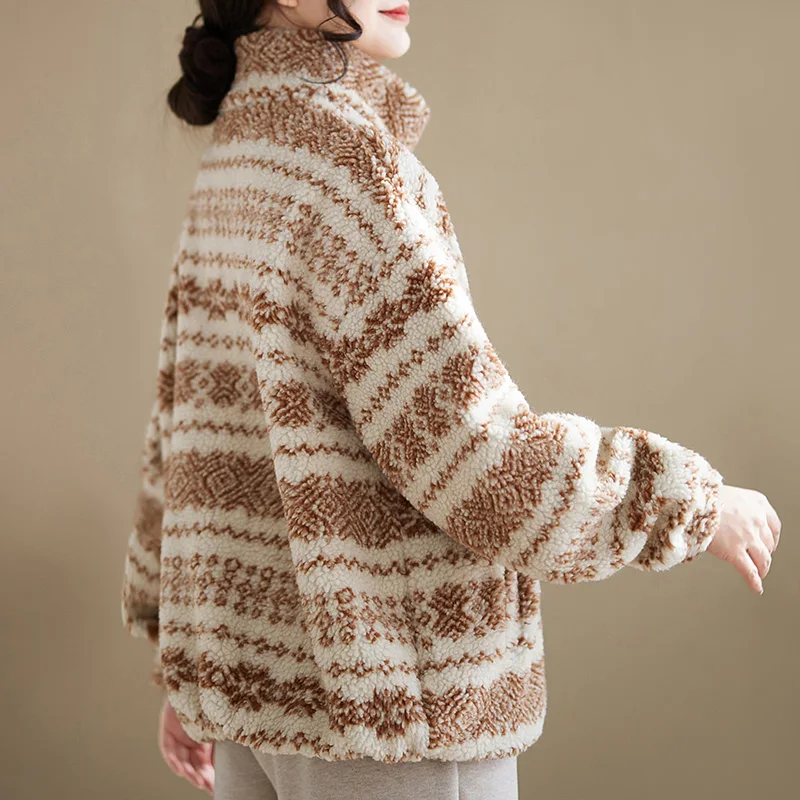 الخريف الشتاء Thiened معطف الصوف السيدات حجم كبير فضفاض طويل Sve سستة حتى مخطط المرأة ملابس خارجية Jaet