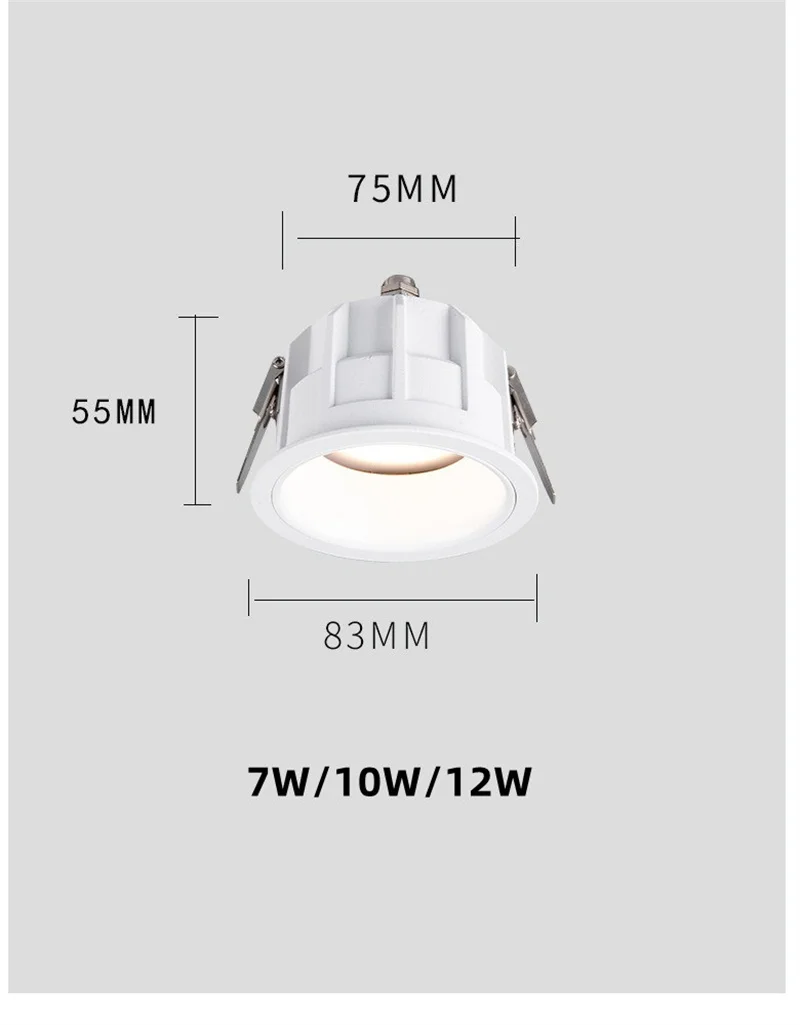 IP65 Waterproof Downlight 7W 10W 12W Recessed Anti-Glare LED COB Spot light 75mm Cut-Out AC85-265V For Kitchen, Bathroom, Toilet