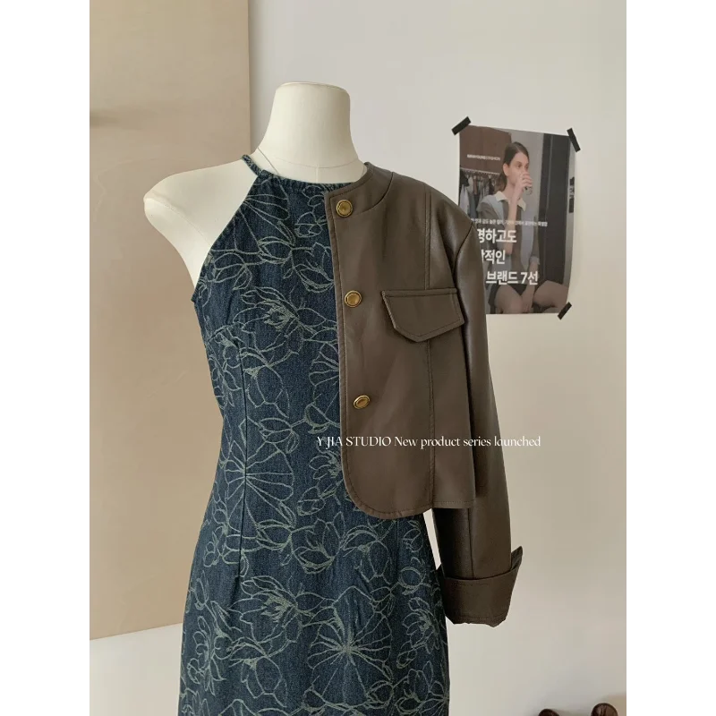 Giacca corta in pelle PU allentata alla moda e popolare con colletto alla coreana per moto retrò