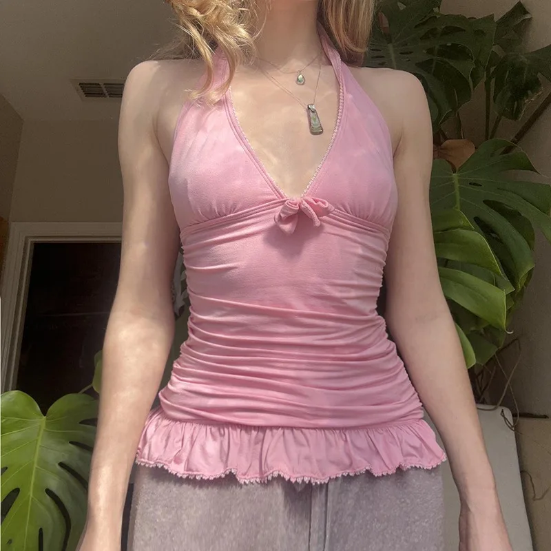 

Women's Sweet Pure Desire Halter Neck Tank Top Deep V-Neck Bowknot Ruched Ruffled Hem Open Back Slimming Pink Tee Y2K Daily Wear