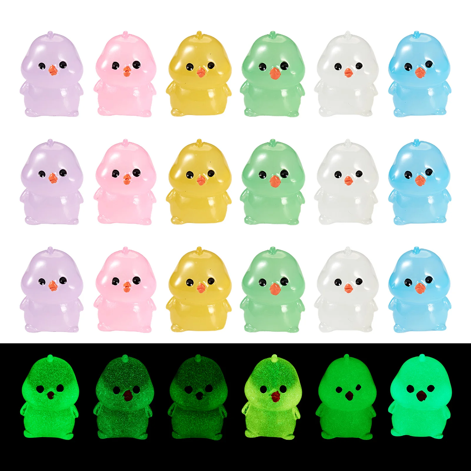 24Pcs Luminous Chicken Ornament Resin Cute 3D Chick Display Decorations Glow in the Dark for Garden House Hair Clip Ornaments