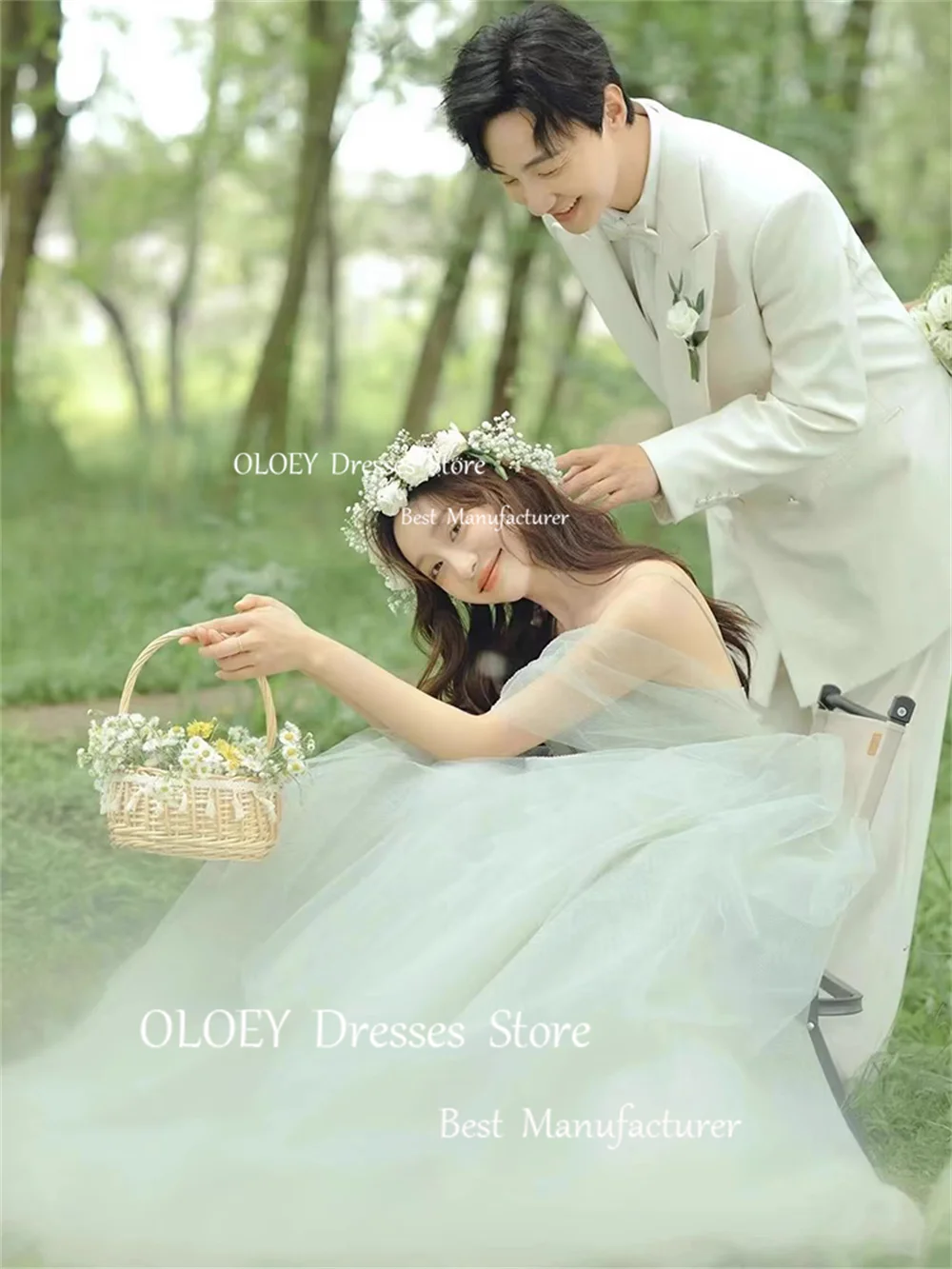 OLOEY Exquisite Fairy Green Silky Organza Prom Dresses Korea Wedding Photoshoot Lace Up Back Garden Custom Formal Party Gowns