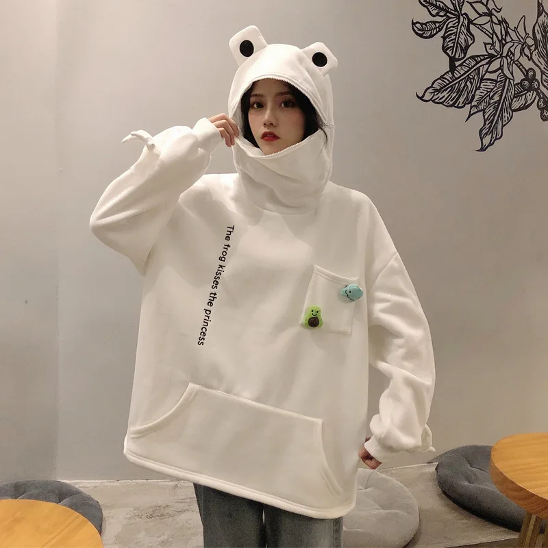 

Women Y2k Kawaii Frog Hoodie Cute Funny Embroidery Letter Plus Velvet Thicken Harajuku Streetwear Zip Christmas Oversized Hoodie