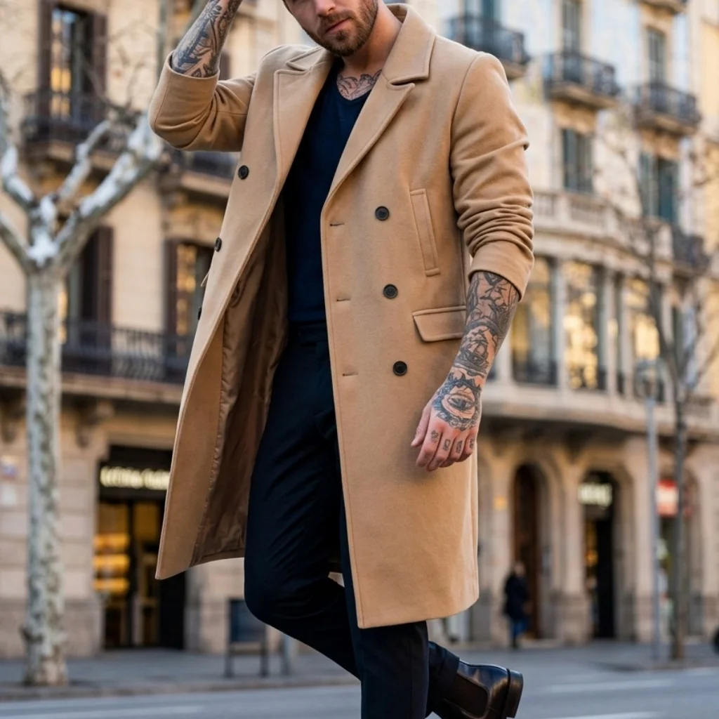 Men's Wool Blend Double-Breasted Trench Coat | Winter Knee-Length Business Warm Jacket | Street Style Menswear [Windproof] Men