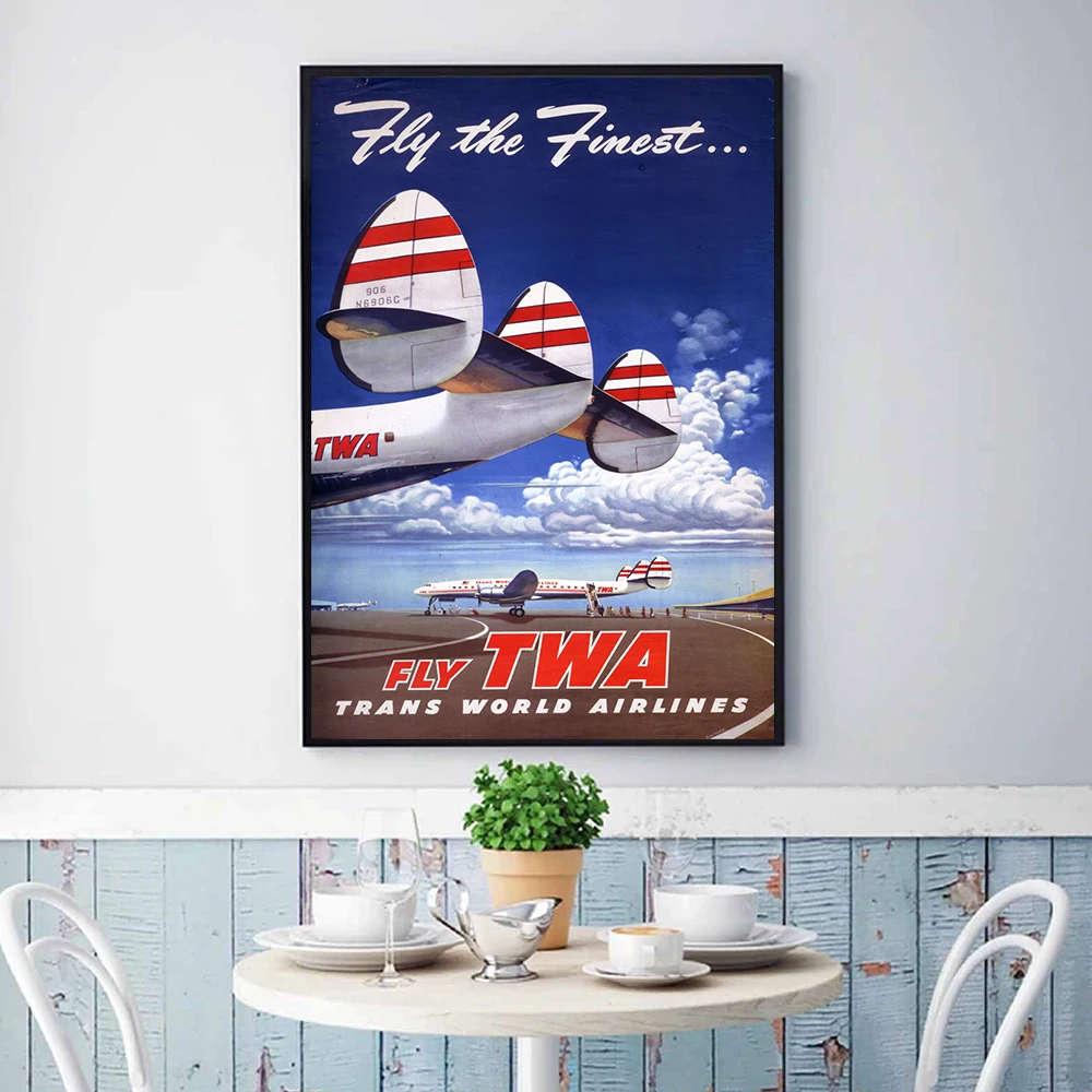 Vintage Airline World Travel Poster Fly Twa Art Prints Blue Sky Airplane Wall Art Picture Canvas Painting Home Decor Pilot Gift