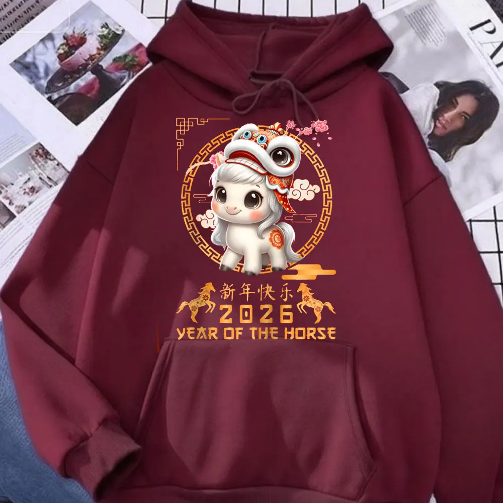 Jahr des Pferdes 2026 Chinesisches Mondneujahr 2026 Damen Hoodie Familie Party Pullover Niedliche Tiere Bedruckte Hoody Tops