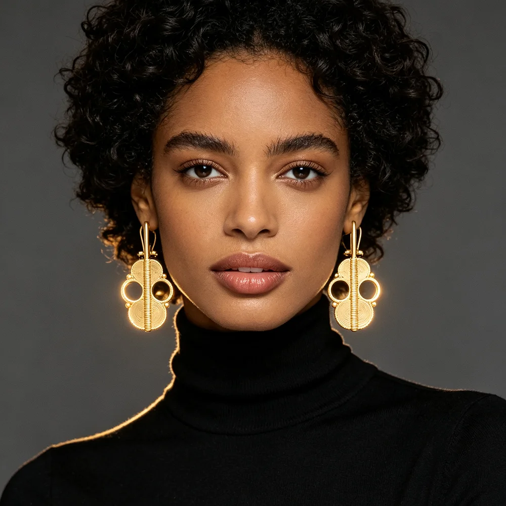 Damen-Ohrring- und Ringset mit dreifachem, spiralförmigem, offenen Design, 18 Karat vergoldet, afrikanischer Ethno-Stil, Statement-Schmuck, Party- und Hochzeitsgeschenk – Detail 1
