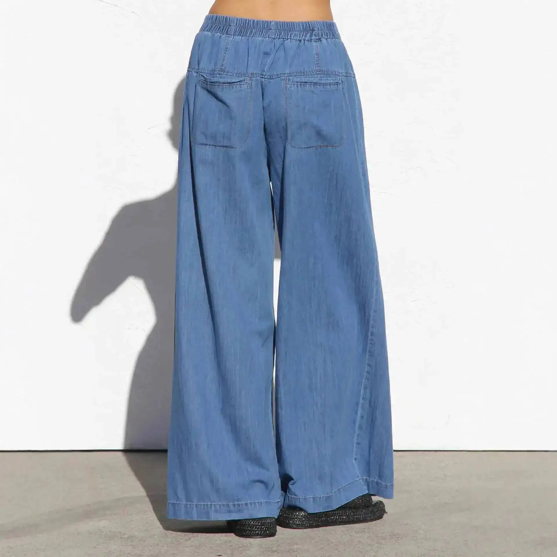 

Summer Spring Thin And Elastic Waist Denim Long Pants Draped Denim Wide-Leg Pants
