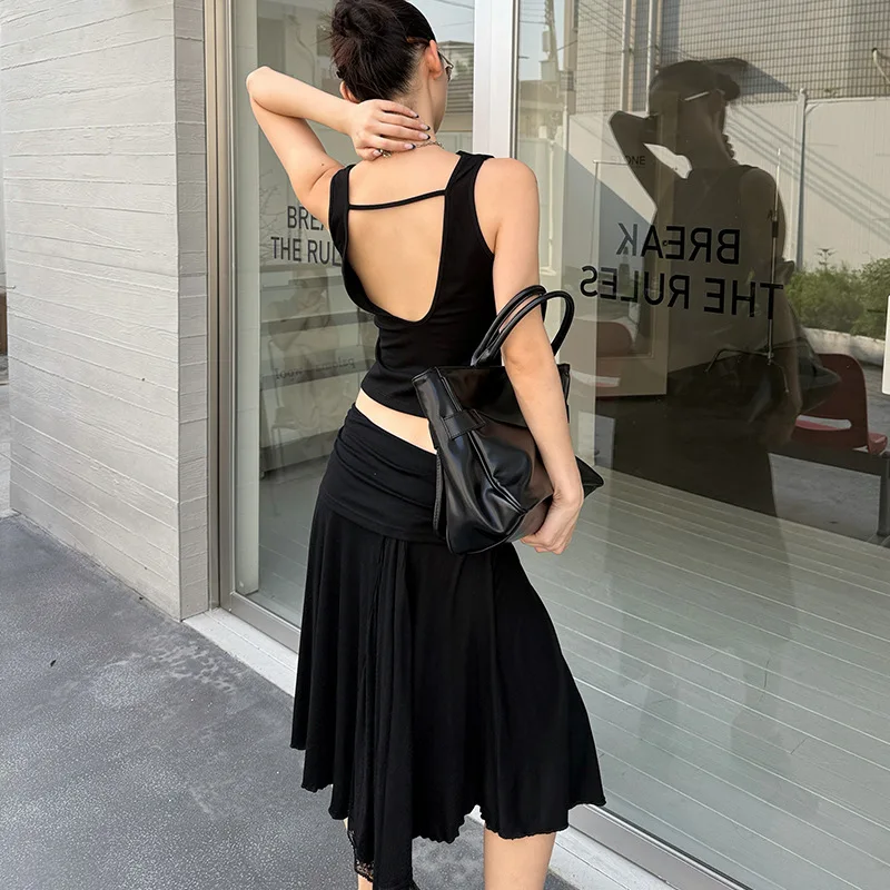 กระโปรงทรงหลวมสีพื้นแต่งลูกไม้ชายกระโปรง แฟชั่นกระโปรงโอเวอร์ไซส์ ผ้าฝ้าย กระโปรงแบบพันรอบสำหรับคู่รัก