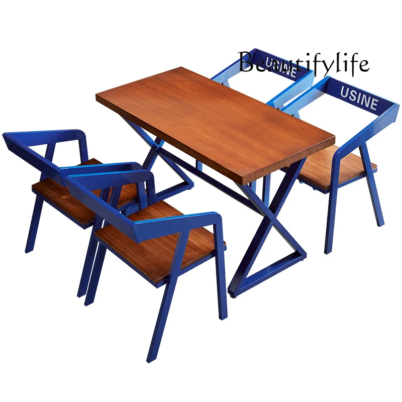 

Industrial style wrought iron solid wood dining table and chairs restaurant bar music bistro table and chairs