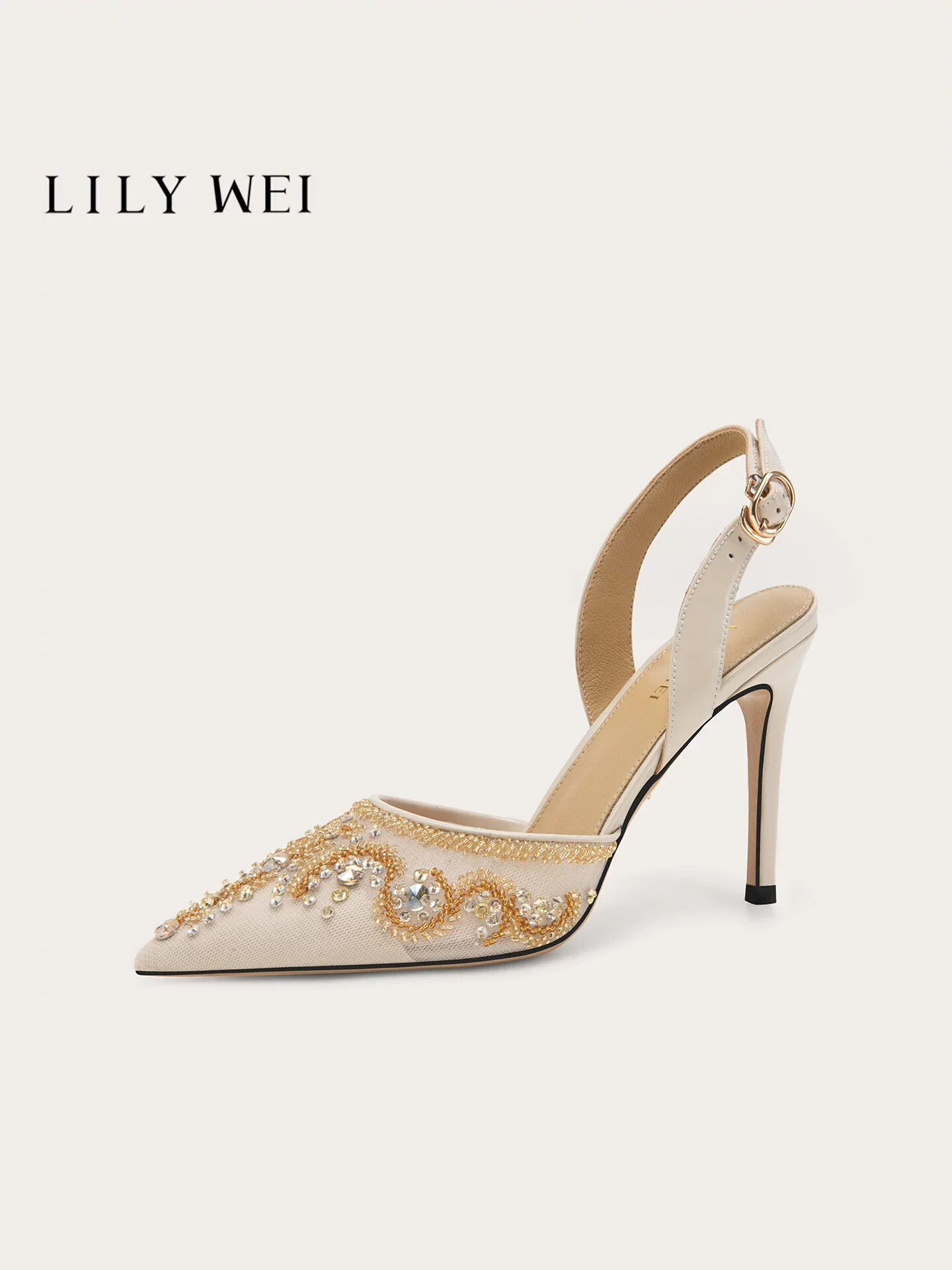 Summer new pointed toe back strap mesh beaded rhinestone sandals for banquets, big size small size slim high-heeled women's shoe