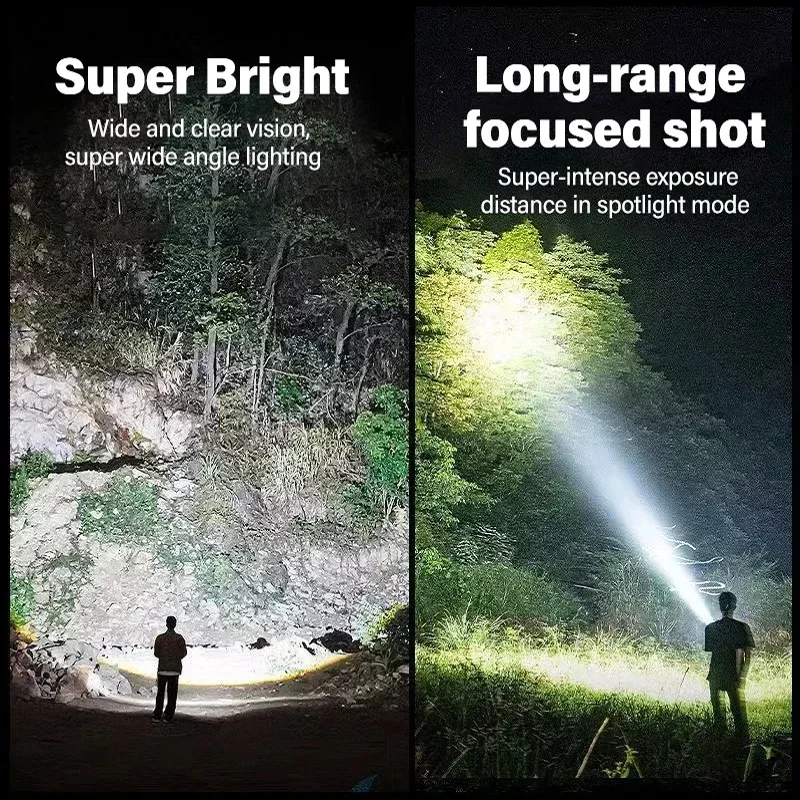 3 Lighting Modes High Power LED Flashlight 3000m Torch Light Adjustable Focus Weatherproof Portable Type-C Rechargeable Lamp