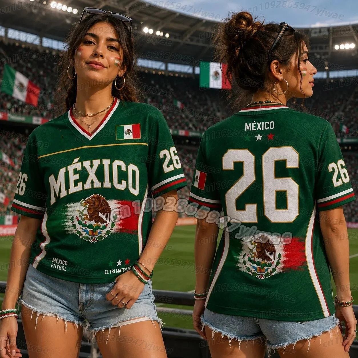 26 Mexico Jersey T-Shirt Summer Women's V-Neck T-Shirt Mexico Football Fans T-Shirt Women's Men's Women Quick Drying T-Shirt