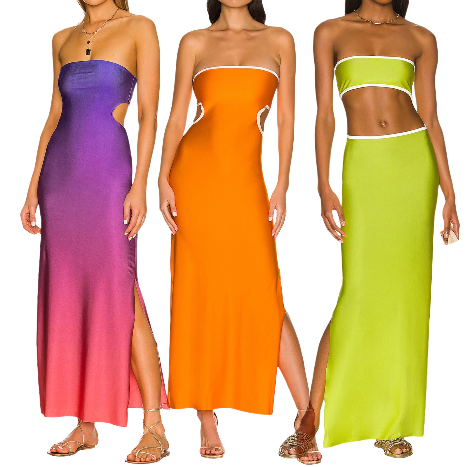 Fashion Women’s Casual Tube Tops Hollow Out Dress Fashion Gradient/Solid Color Off-shoulder Skinny Slit Long Dress