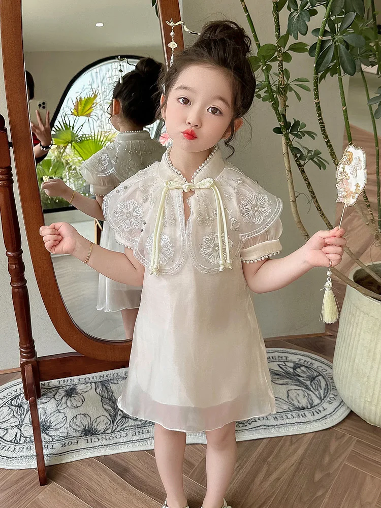 Girls' Dress 2024 Summer New Ethnic Style Classical And Beautiful Princess Pearl Shawl Qipao Skirt Thin Hanfu Cheongsam Sweet