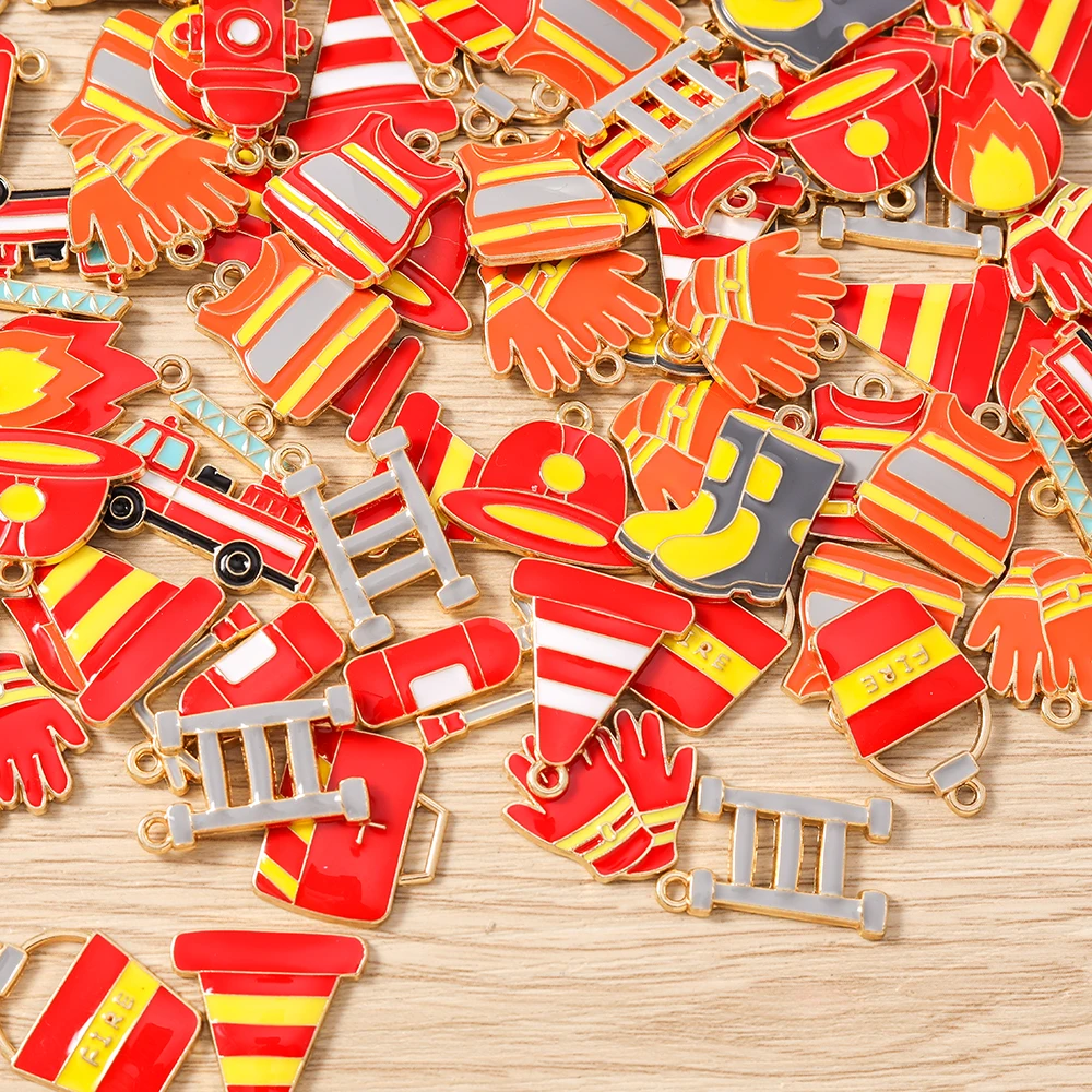 Tusember 10pcs Firefighting Pendants Fire Truck Hydrant Boots Helmet Charms for Necklaces Earrings Bracelets Jewelry Making