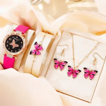 5PCS Set Damesmode Quartz Horloge Vrouwelijke Klok Rose Rode Vlinder Luxe Merk Ontwerp Vrouwen Horloges Eenvoudig Dames Polshorloge