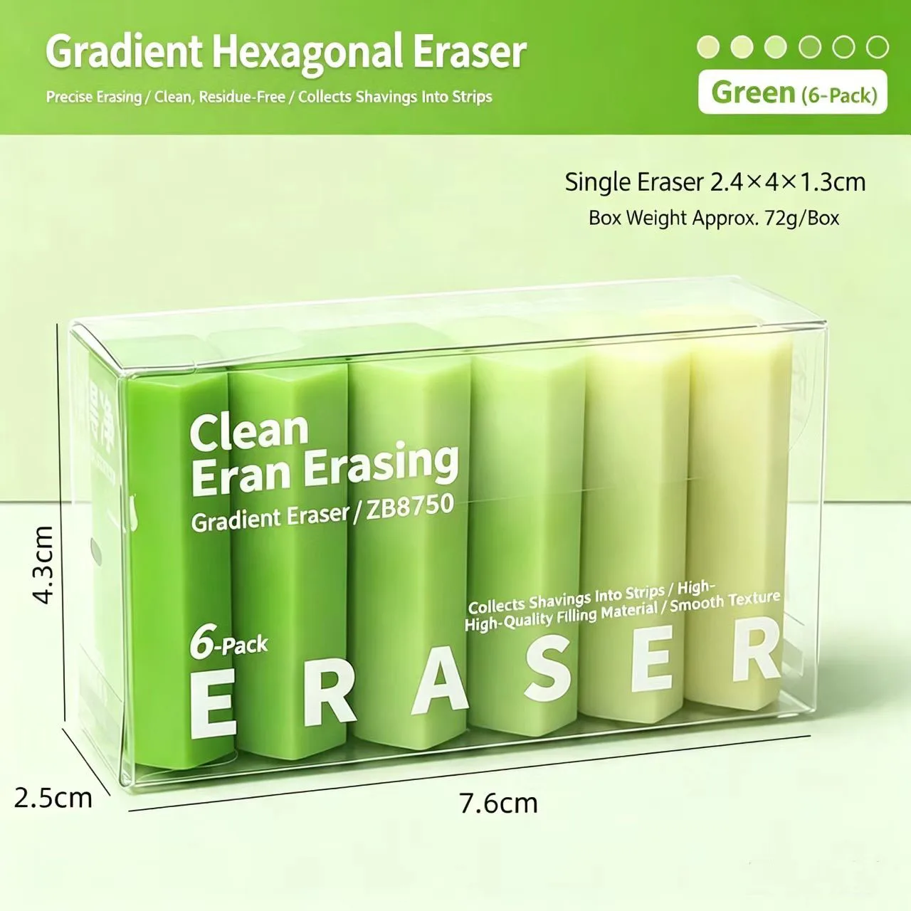 PVC potloodgumset, zeshoekige gum met kleurverloop, 6 stuks, voor schoon schrijven, opdrachten, kantoorwerk en schetsen voor beginners, 896C.