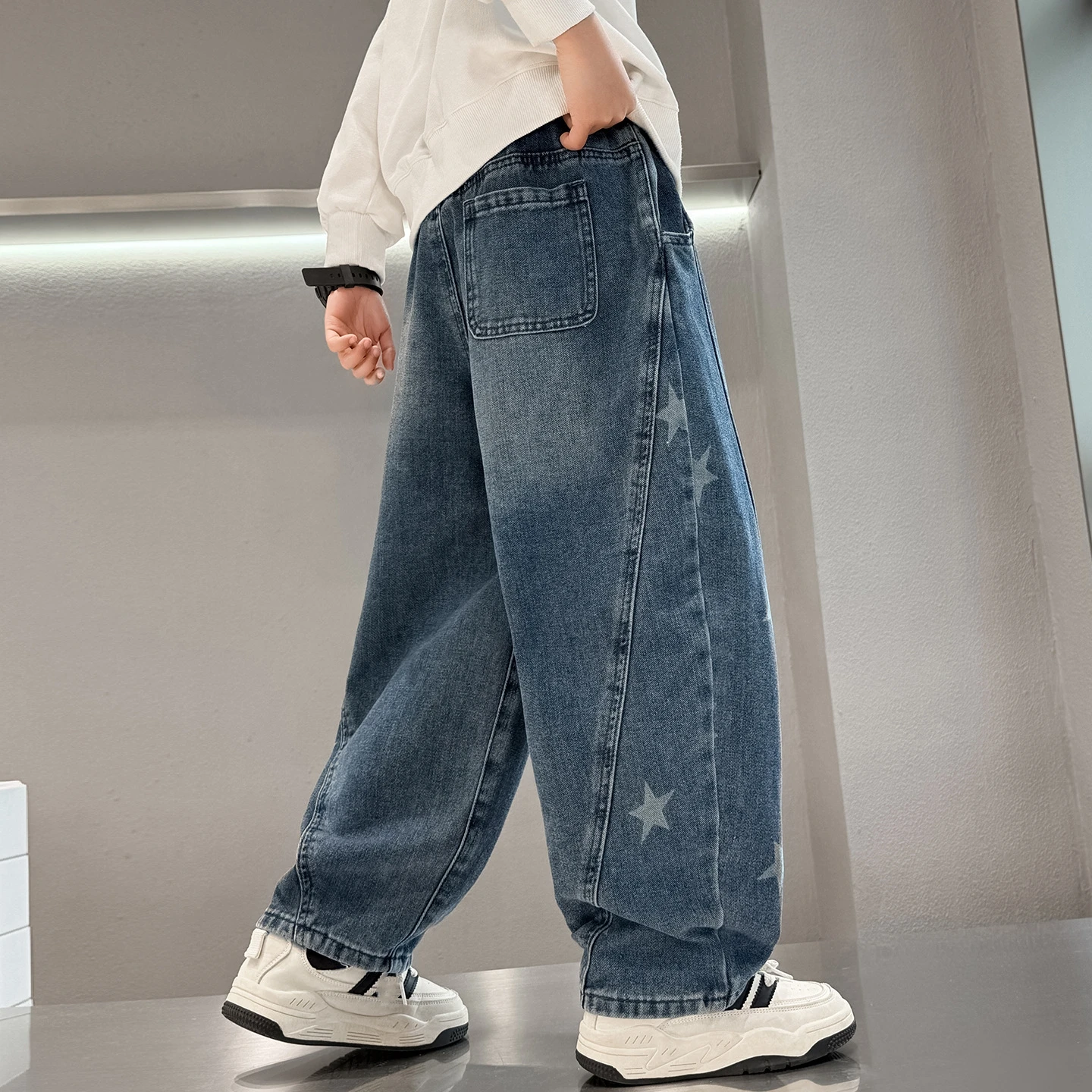 4-14 Years Spring Autumn Boys Jeans Pentagram Decoration Long Denim Pants For Kids Children Outdoor Wear Straight Trousers