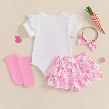 0-18 חודשים בגדי פסחא הראשון שלי לתינוקת עם ארנבת + מכנסיים קצרים עם קפלים לתינוקות - בגדי פסחא ראשון 6 best sales תלבושת פסח לתינוק - №6