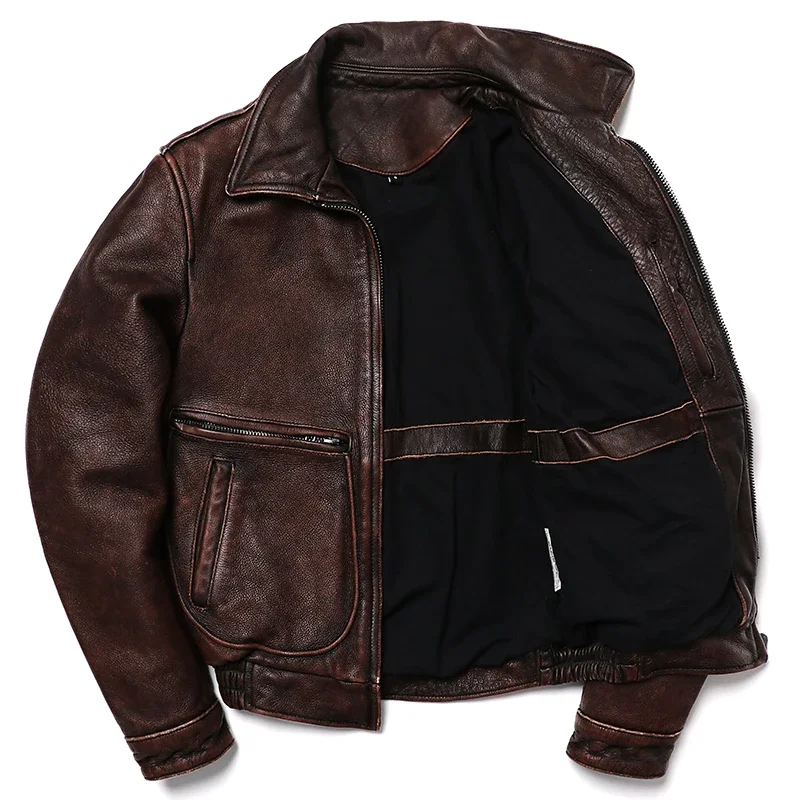2025 New Vintage Brown Genuine Leather Jacket Air Force  Style Cowhide Coat Men Slim Fashion Biker Jacket Flight Cloth