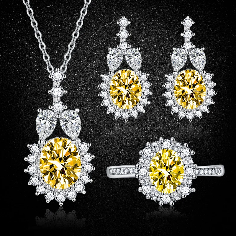 

S925 Sterling Silver Shiny Yellow Zircon Necklace Stud Earrings & Ring, Fashion Women's 3‑Piece Jewelry Set