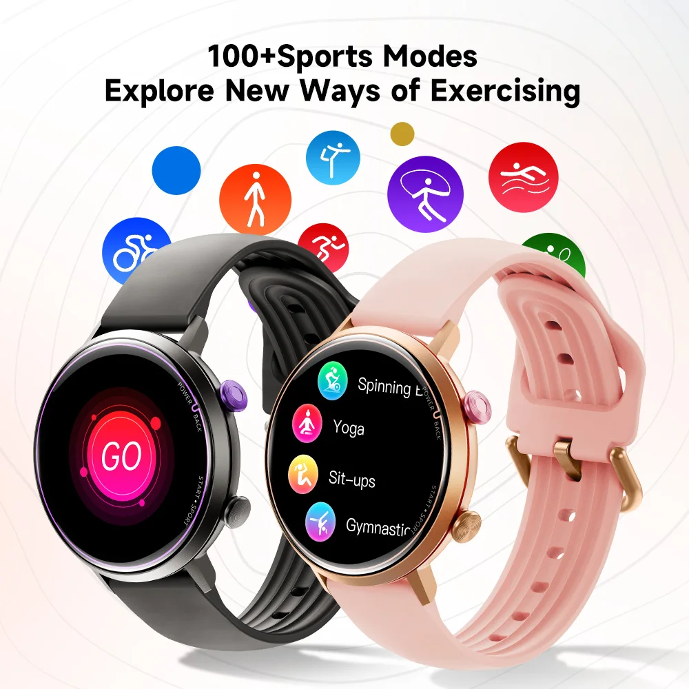 

Спортивные умные часы для женщин с длительным временем автономной работы, AMOLED HD-дисплеем, водонепроницаемостью до 50 метров, круглосуточным мониторингом здоровья и более чем 100 спортивными режимами.