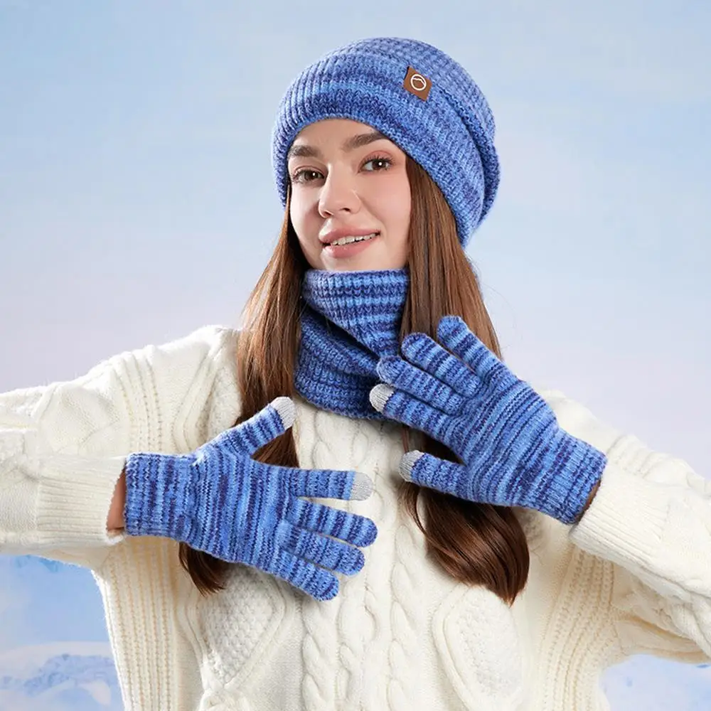 ชุดหมวกและผ้าพันคอ 3 ชิ้น/ชุด หมวกสกี ผ้าพันคอถักขนแกะ ถุงมือหน้าจอสัมผัส หมวกหนาสำหรับกีฬากลางแจ้ง ผ้าพันคอให้ความอบอุ่น
