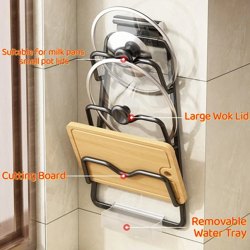 Wall Mount Pot Lid Rack, Drill-Free Kitchen Storage Organizer, Multi-Purpose Holder for Pot Lids & Cutting Boards for Home Use