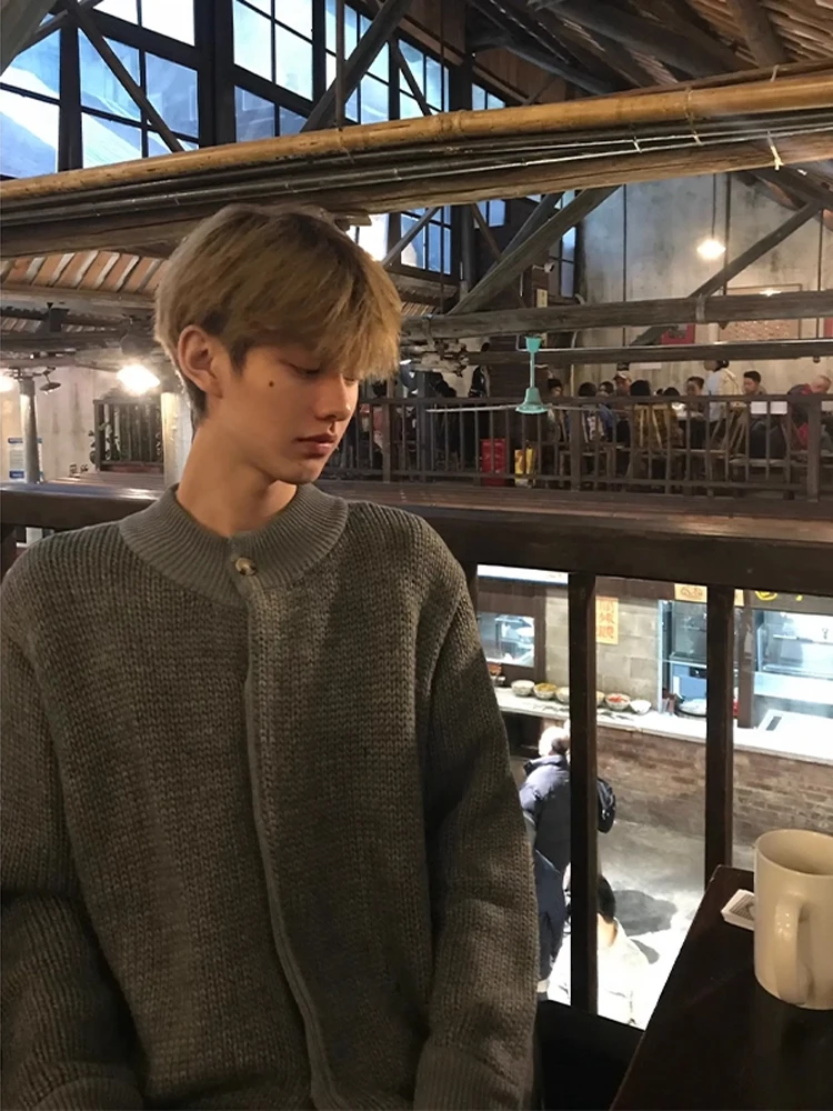 

American Retro ey Stand Collar Knitted Sweater Coat Men's Sle Autumn Cleanfit Lazy High-End Open Cardigan Sweater