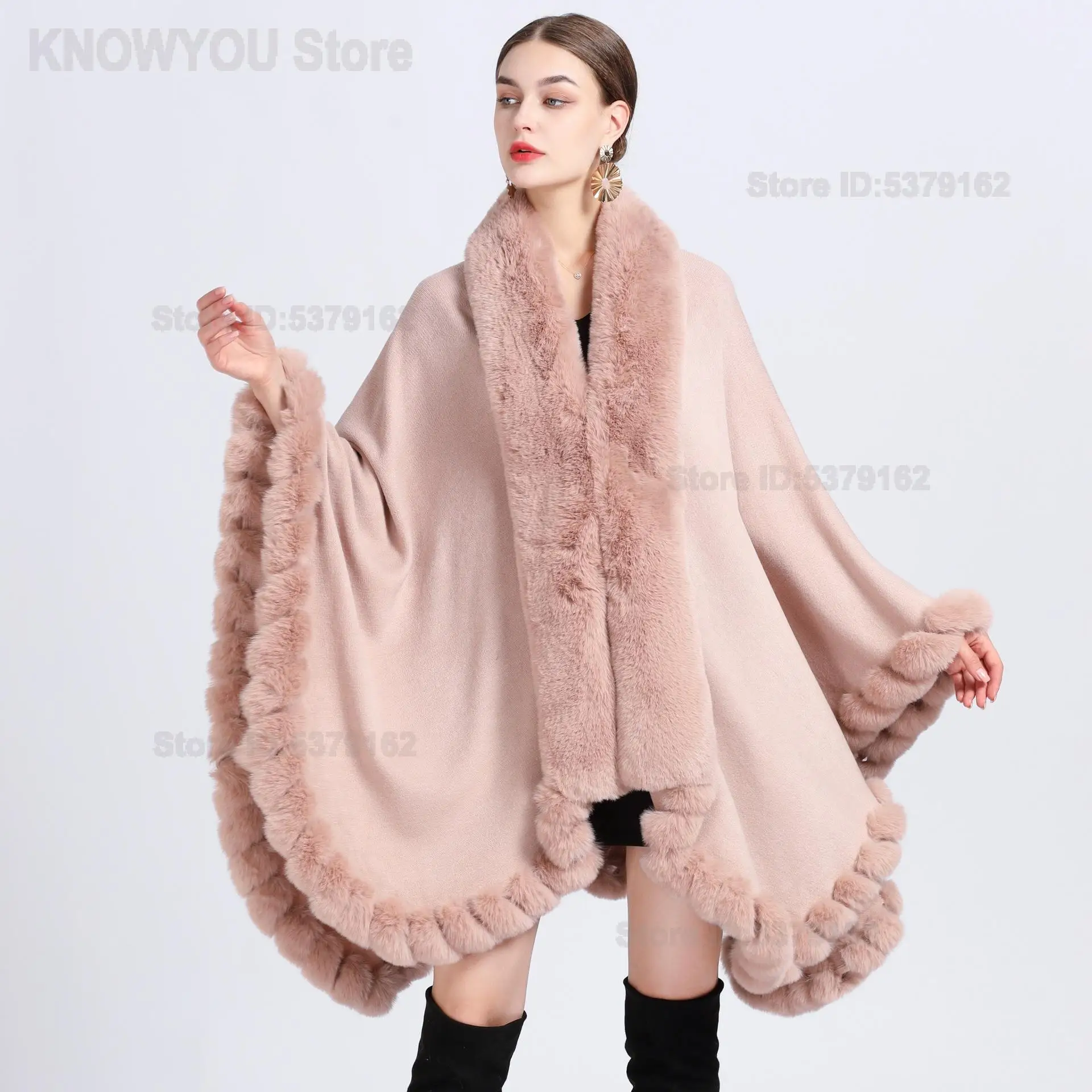 Fall Winter New Women Irregular Hem Knit Cape Poncho Shawl Faux Rex Rabbit Fur Collar Oversized Loose Warm Outer Cardigan