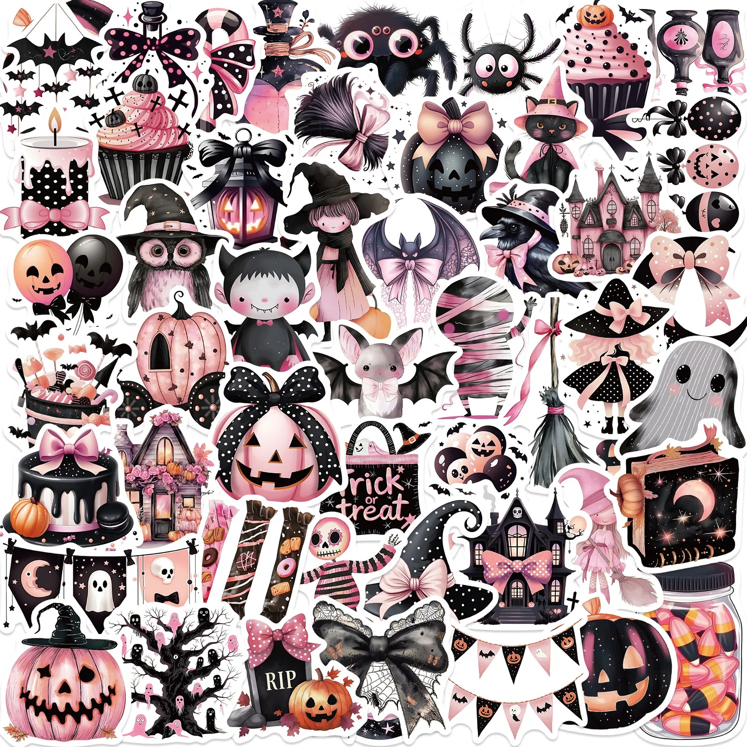 

50Pcs Cute Pink Halloween Stickers Ghost Skull DIY Stickers Scrapbooking Phone Luggage Skateboard Waterproof Decals