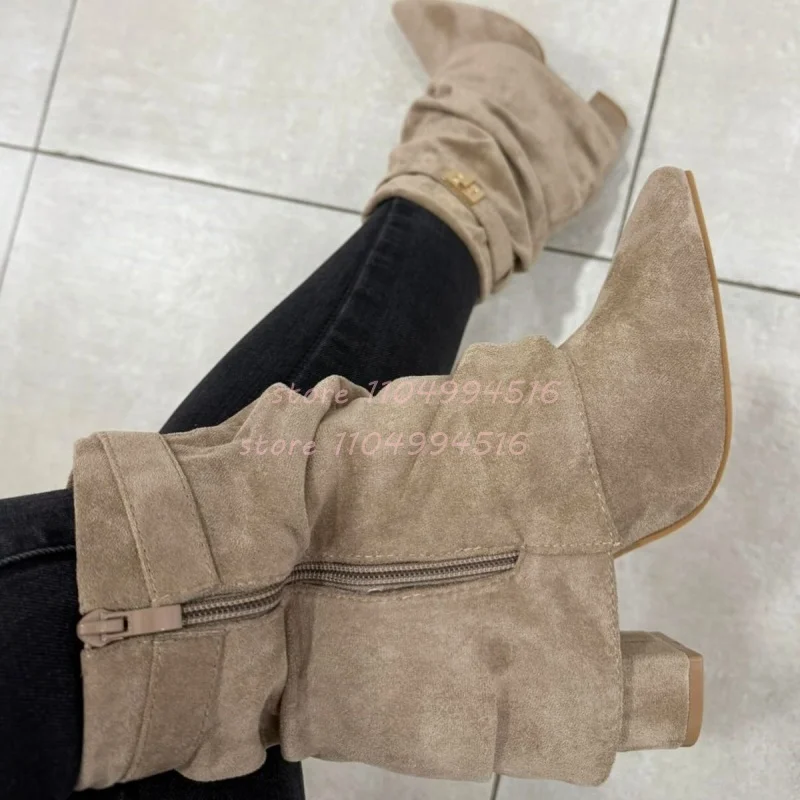 

Suede Metal Buckle Pleated Short Boots Women Side Zipper Pointed Chunky Heels Ankle Boots Fashion Retro Party Catwalk Lady Shoes