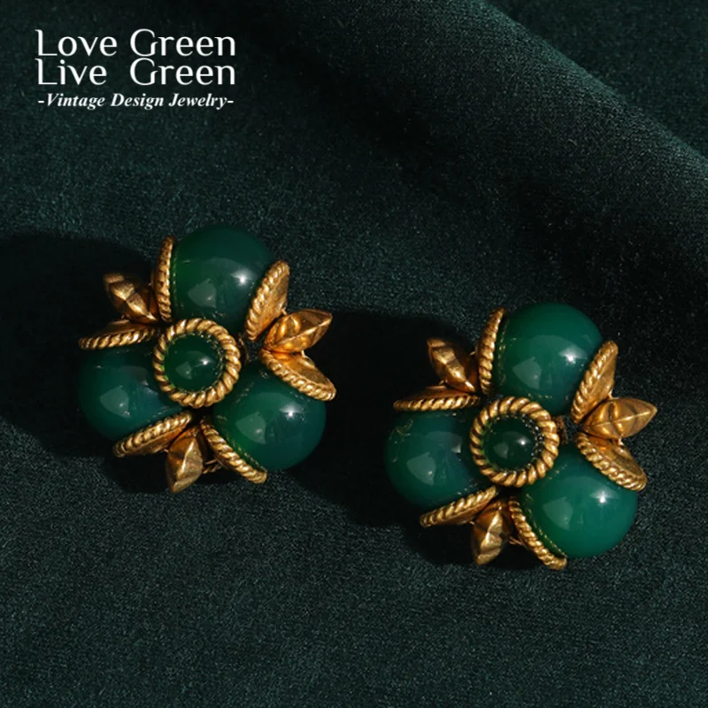 

Vintage Emerald Earrings For Woman Three Ball Agate Big Gold Color Leaf Luxury Elegant Quality Jewelry Fashion Design Gifts 2025