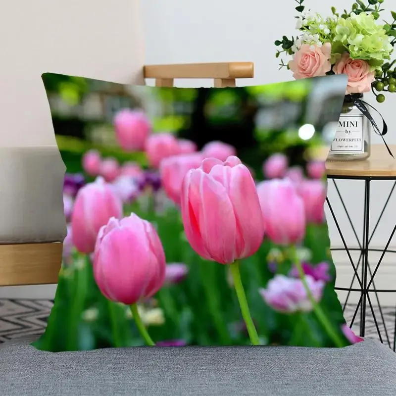 Tulip Flower Double-sided Printed pillow cover Short plush Suitable living rooms bedrooms sofas throw cushion cover