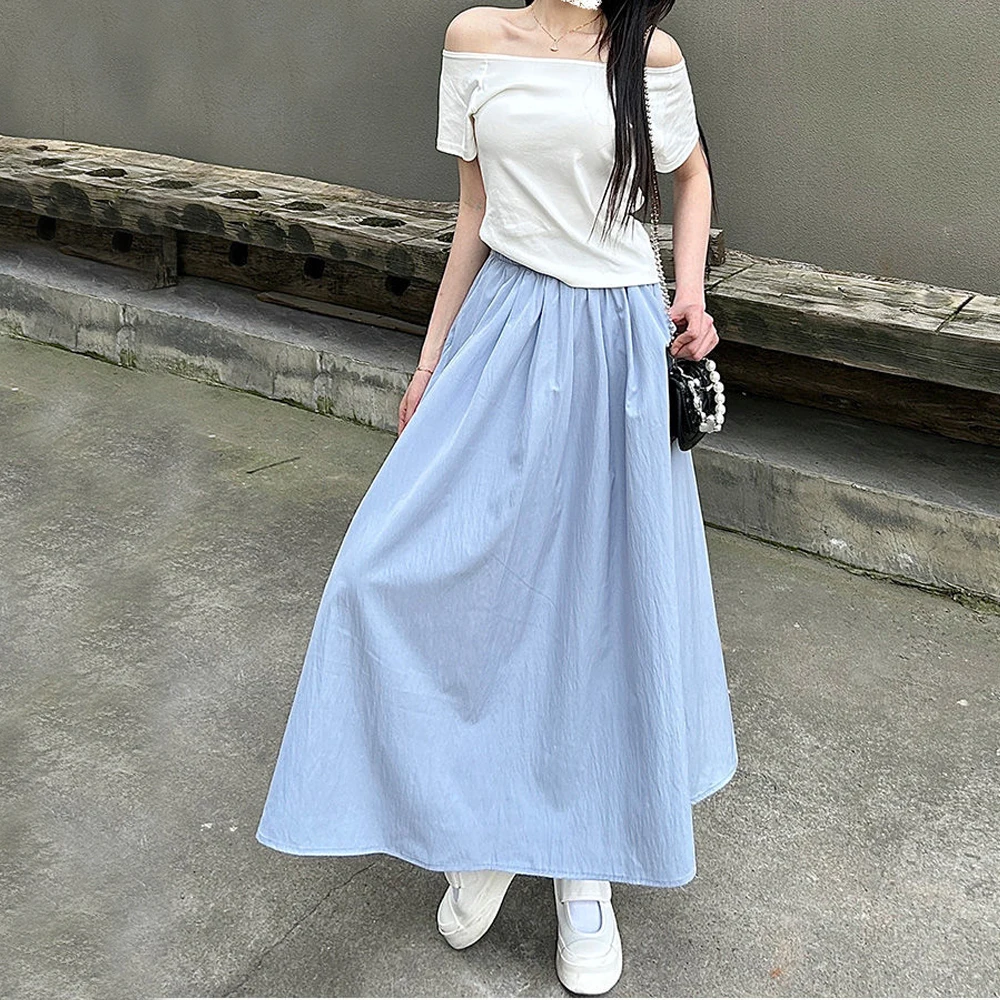 Student Slimming Elastic Waist Half-length Skirt Girls S-2XL Pleated A-line Skirts Women Concise Leisure Vacation Flared Skirt