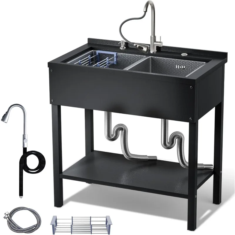 

2-Compartment Stainless Steel Utility Sink,36" Free Standing Double Bowl Kitchen Sink,Laundry&Utility Room Sinks with Pull-out